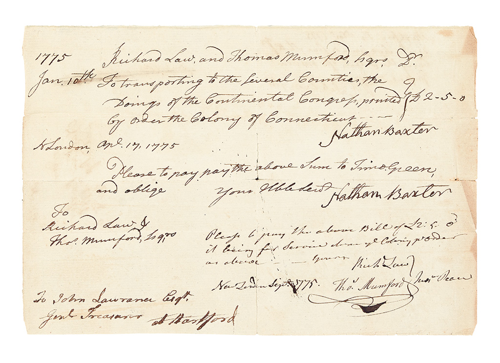 (AMERICAN REVOLUTION--1775.) Order to pay Timothy Green for distributing the Acts of the Continental Congress throughout Connecticut.
